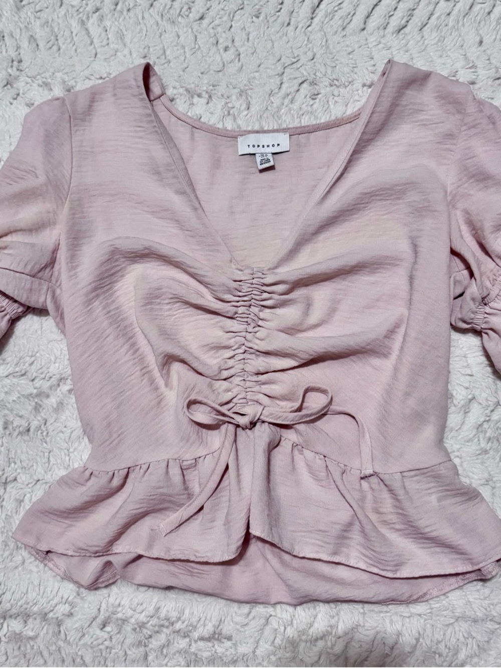 Topshop Margot Pink Ruched Cropped Blouse Size 6 Blush Ruffle Sleeve Coquette